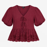 Blouse Plum Embroidered Broderie Tie Front Puff Sl