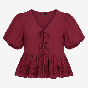 Blouse Plum Embroidered Broderie Tie Front Puff Sl