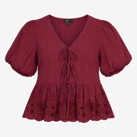Blouse Plum Embroidered Broderie Tie Front Puff Sl