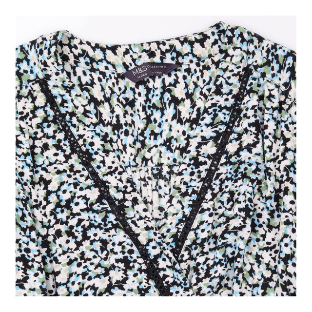 Midi Dress Blue Floral Wrap Front Tie Waist