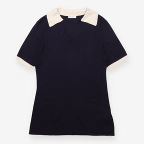 Silk Blend Contrast Collar Short Sleeve Knit Top