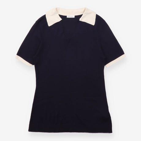 Silk Blend Contrast Collar Short Sleeve Knit Top