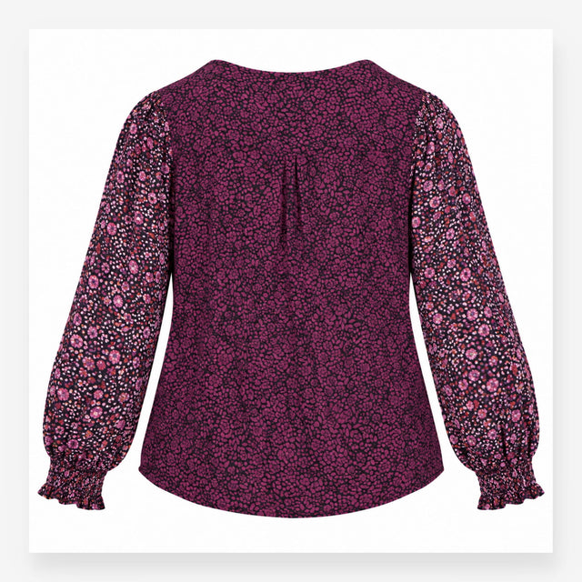Plum Floral Long Sleeve V Neck Top