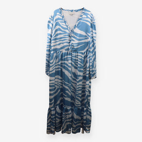 Blue Zebra Print Midi Dress – V‑Neck Ruffle Sleeve