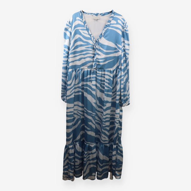 Blue Zebra Print Midi Dress – V‑Neck Ruffle Sleeve