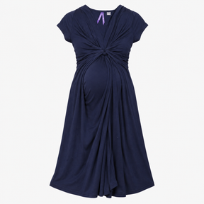 Navy Knot Front Short Sleeve Maternity Dress