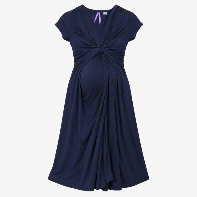 Navy Knot Front Short Sleeve Maternity Dress