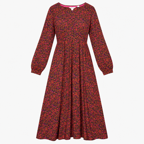 Midi Dress Pink Abstract Print V-Neck Long Sleeve