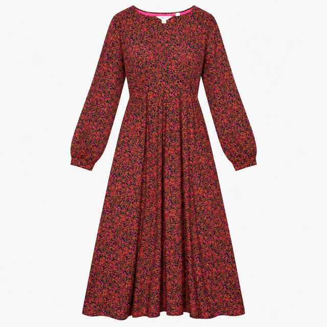 Midi Dress Pink Abstract Print V-Neck Long Sleeve