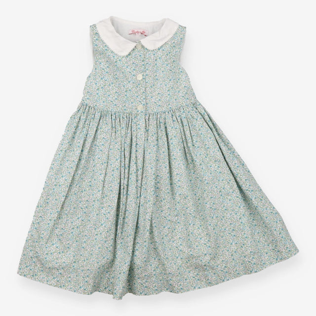 Dress Sleeveless White Collared Green and Blue Flo