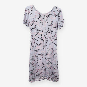 Blue Grey Floral Viscose Midi Tea Dress Short Slee