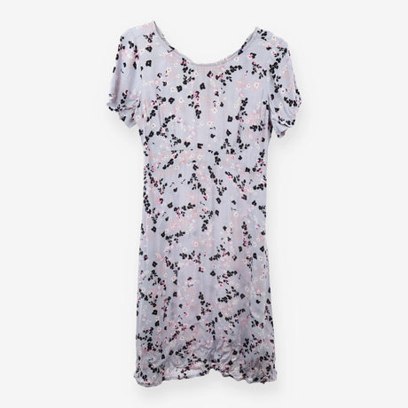 Blue Grey Floral Viscose Midi Tea Dress Short Slee