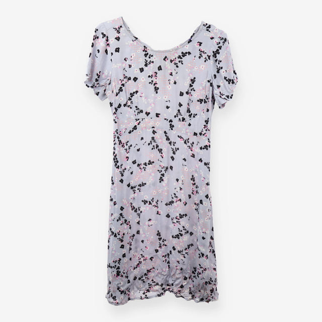 Blue Grey Floral Viscose Midi Tea Dress Short Slee