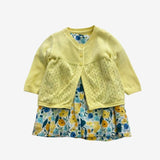 Yellow and Blue Woven Dress with Yellow Cardigan