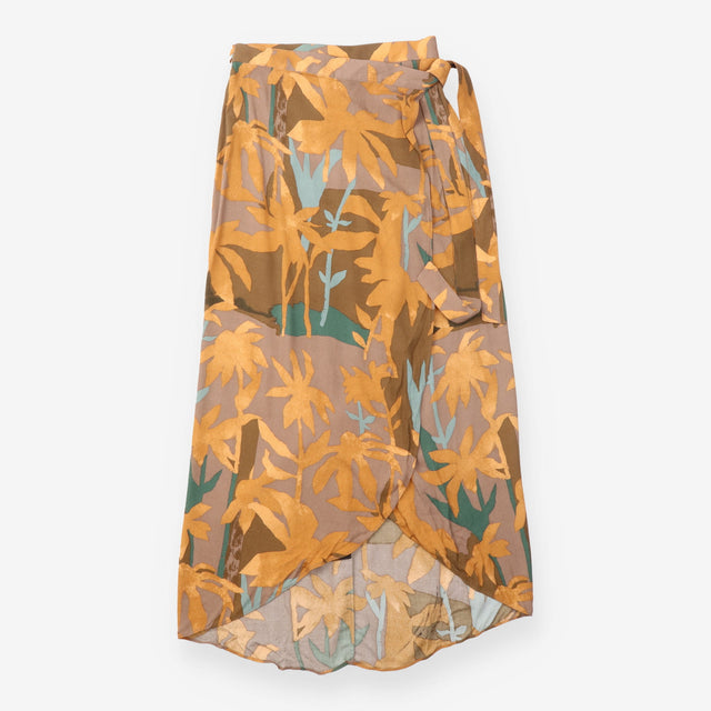 Wrap Skirt Mustard Brown Botanical Print Tie Waist