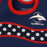 Baby wetsuit vest blue red and white dots