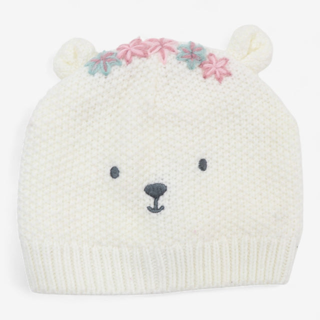 Cream Bear Hat with Flowers