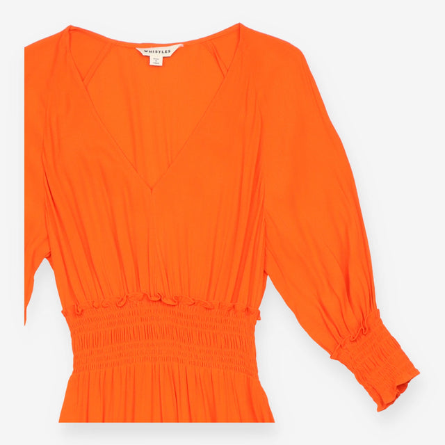 Orange Midi Dress with Smocked Waist and Long Slee