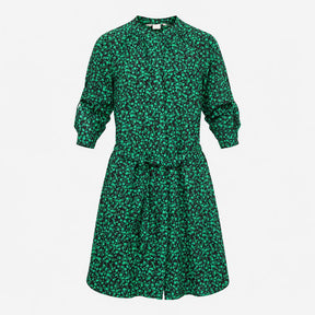 Dress Black Green Floral Print Tie Waist Roll-Up S