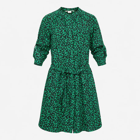 Dress Black Green Floral Print Tie Waist Roll-Up S