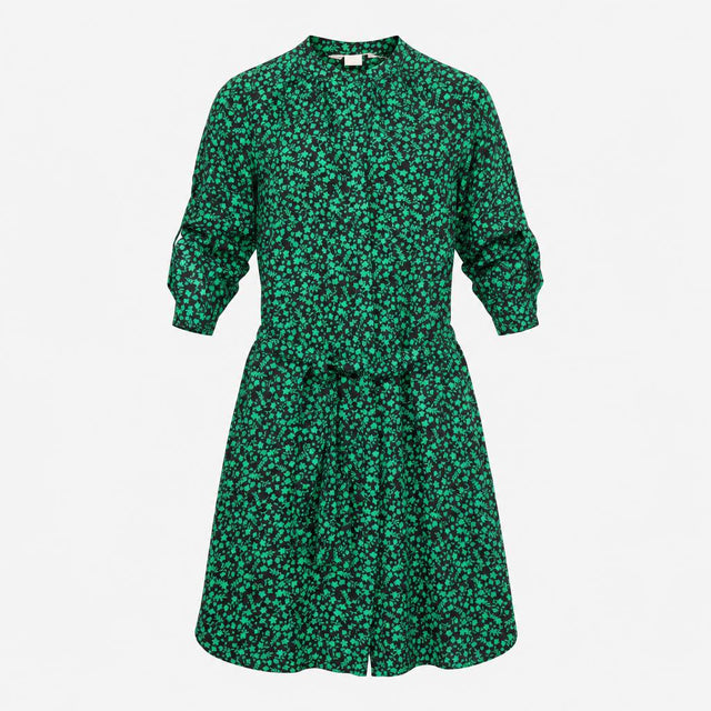 Dress Black Green Floral Print Tie Waist Roll-Up S