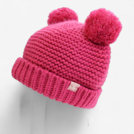 Knitted bobble hat pink with white an navy striped