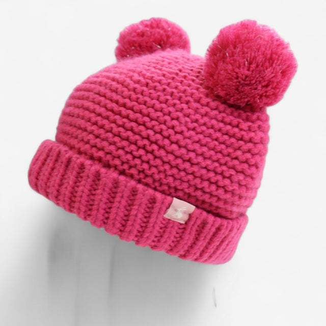 Knitted bobble hat pink with white an navy striped