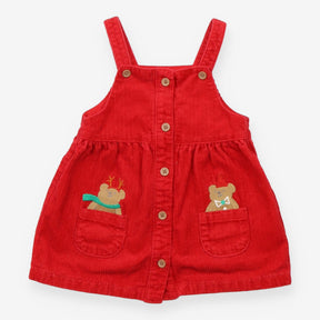 Pinafore cord red festive bear in pockets