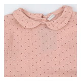 Long sleeve pink collared dress with plum spots