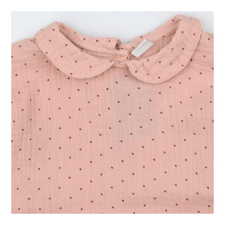Long sleeve pink collared dress with plum spots