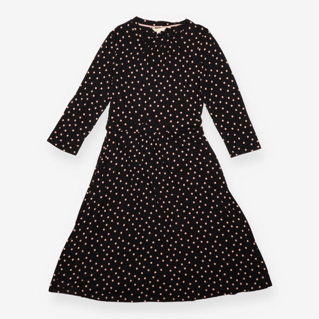 Midi Dress Black Pink Polka Dot Long Sleeve Gather