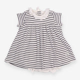 Dress navy and white striped ruffle neck