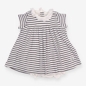 Dress navy and white striped ruffle neck