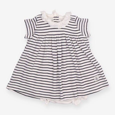 Dress navy and white striped ruffle neck