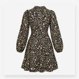 Dress Black Floral Tie Neck Long Sleeve Midi