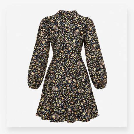 Dress Black Floral Tie Neck Long Sleeve Midi
