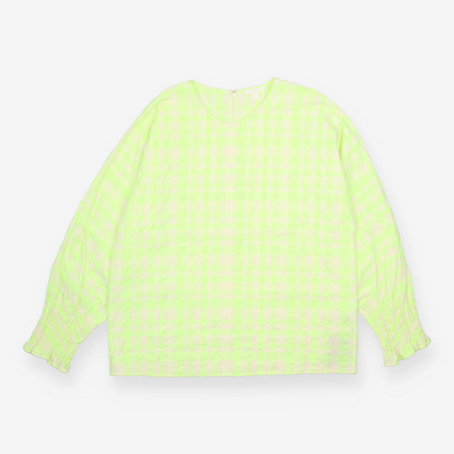 Top Green Gingham Seersucker Frill Sleeve
