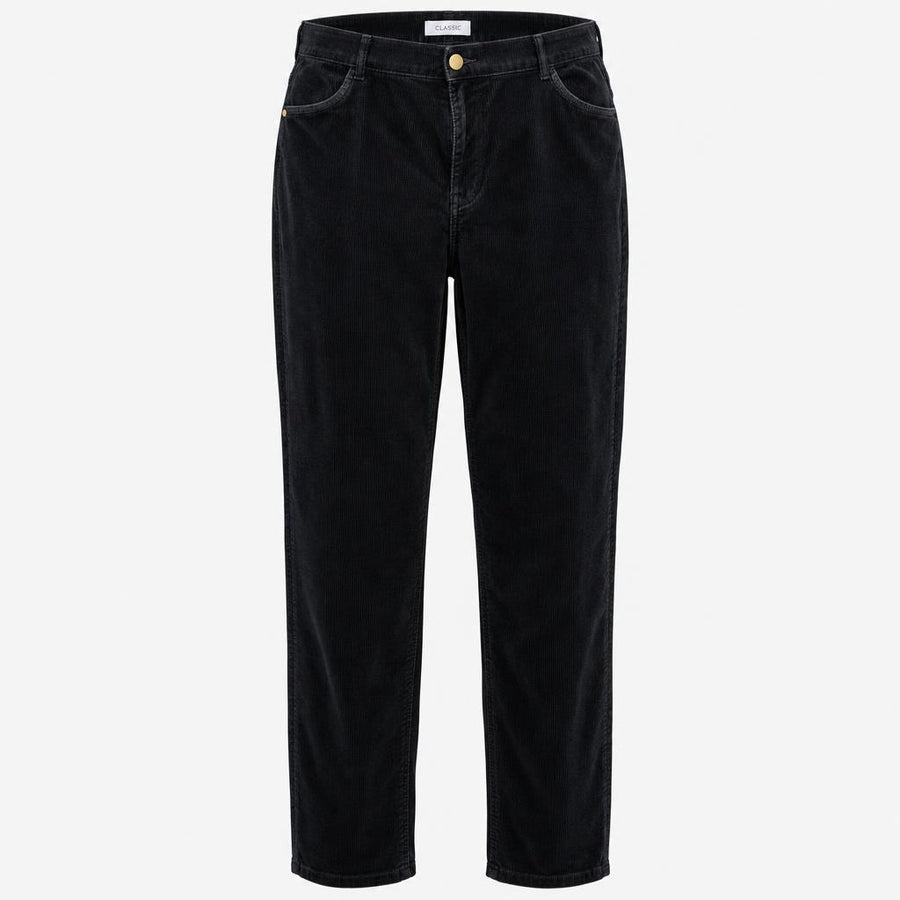 Navy Blue Fine Corduroy Leather Trim Straight Leg 
