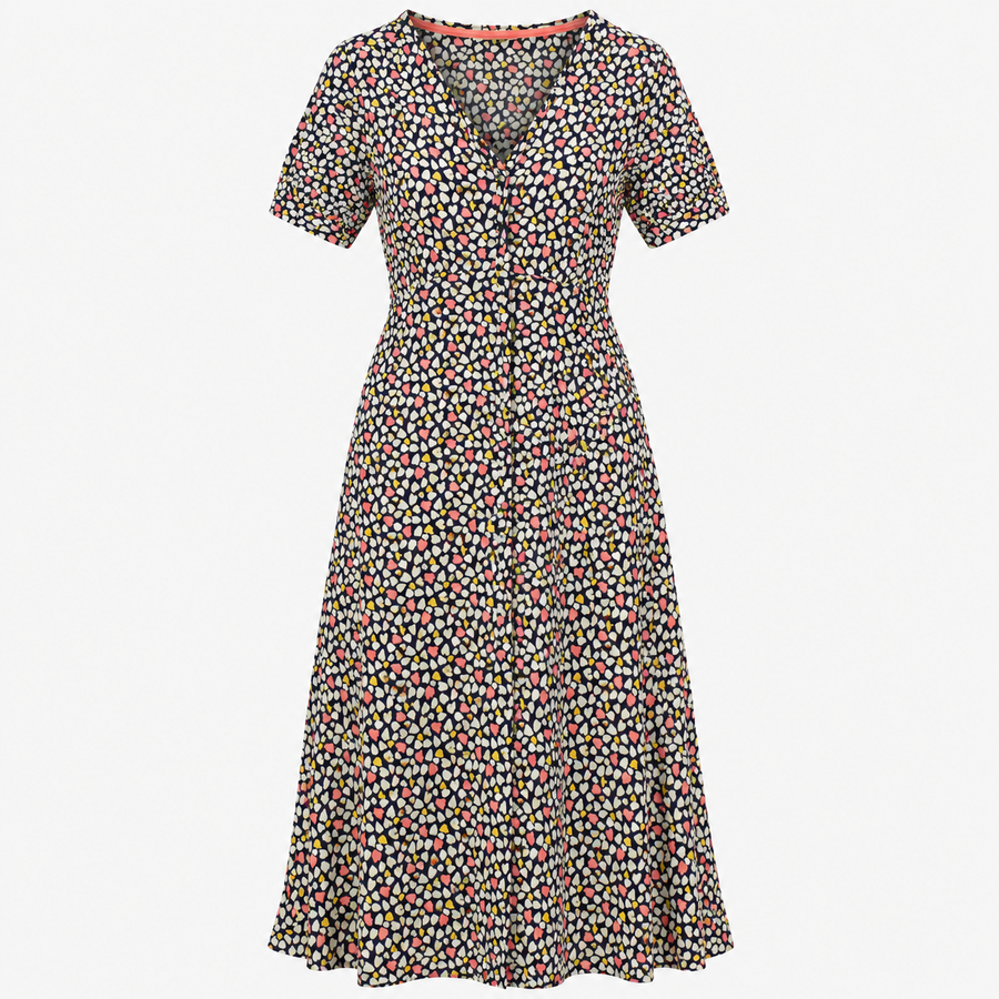 Heart Print Organic Cotton Modal Midi Dress Navy