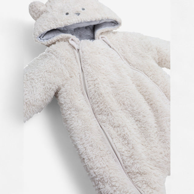 Pramsuit Cream Fleece with Grey Stripe Lining