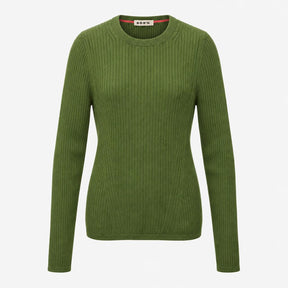 Olive Green 100% Merino Wool Ribbed Knit Crew Neck