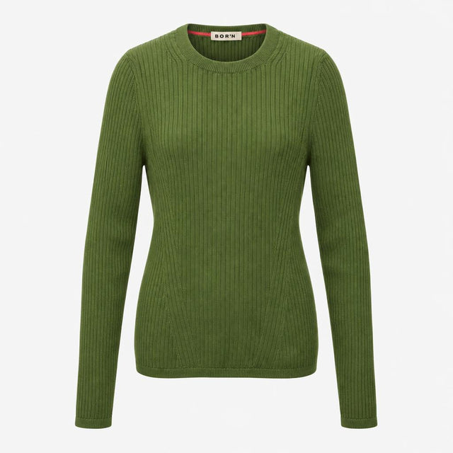 Olive Green 100% Merino Wool Ribbed Knit Crew Neck