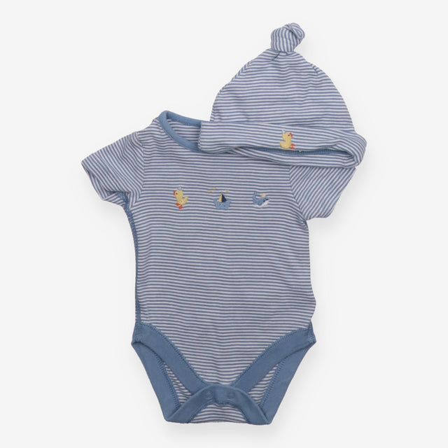 Bodysuit and Hat Blue Strip Duckling Embroidered
