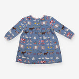 Dress LS blue farm animals pink edging
