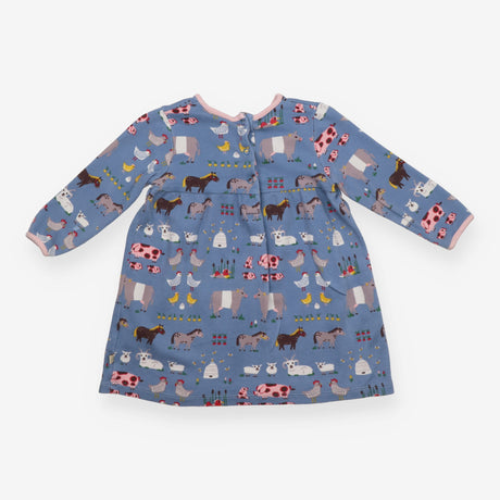 Dress LS blue farm animals pink edging
