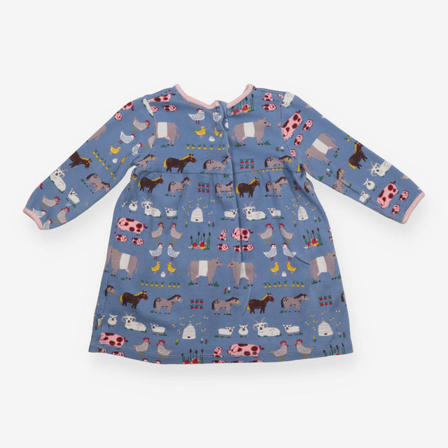Dress LS blue farm animals pink edging