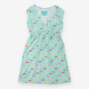 Dress Aqua Parasol Print Organic Cotton V-Neck Wra