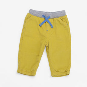 Yellow cord trousers with blue drawstring