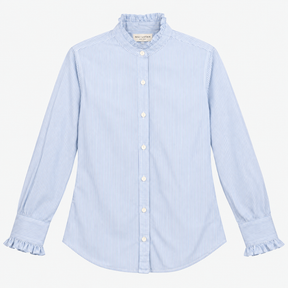 Shirt Blue White Pinstripe Cotton Ruffle Collar
