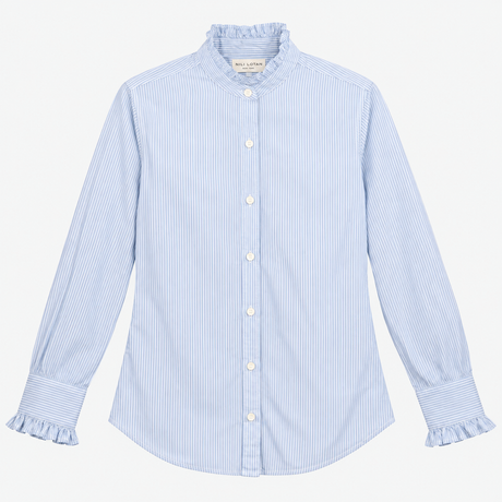 Shirt Blue White Pinstripe Cotton Ruffle Collar